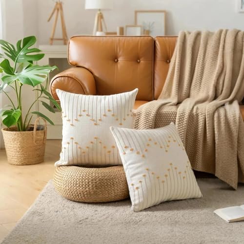 Boho Throw Pillow Covers 18x18 Set of 2,Soft Resistant Washable Outdoor | Yellow Textured Woven Cotton Decorative Cushion Covers with Hidden Zipper,RV Couch Sofa Bed Patio Beach, Farmhouse Decor - color: Yellow, size: 20" x 20" (Pack of 2)