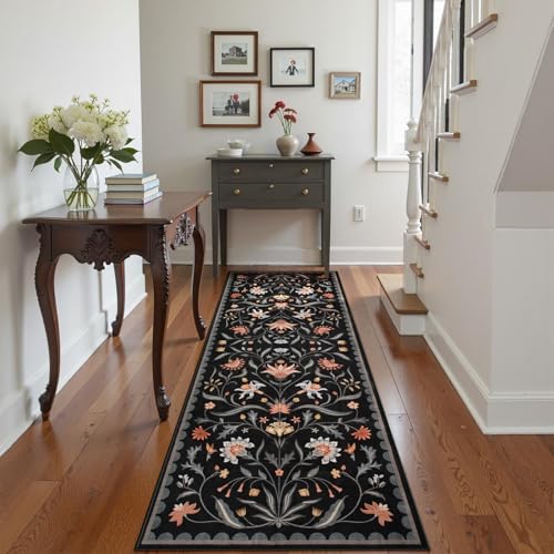 Lahome Boho Floral 2'6"x8' Washable Runners for Hallways, Kitchen Runner Rugs Non Skid Ultra-Thin, Soft Hallway Rug Throw Carpet Runners for Bedroom Bathroom Laundry Room (Black,2.6x8ft) - color: Black, size: 2'6" x 8' (Runner)