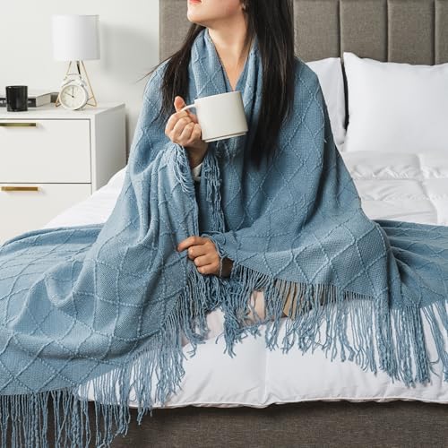 PAVILIA Dusty Blue Knit Throw Blanket for Couch, Twin Bed, Soft Knitted Farmhouse Sofa Throw for Living Room, Lightweight Decorative Summer Blanket for Chair, Outdoor Textured Boho Blanket, 60x80 - color: Dusty Blue, size: 60 X 80 Inches - Twin