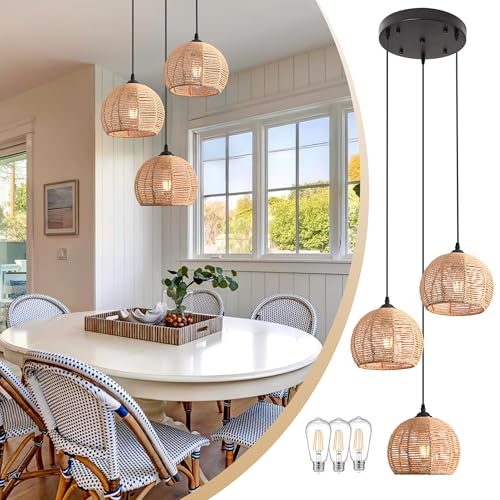 3-Light Mini Hemp Rope Woven Pendant Light Kitchen Island,3 Dome Hand Woven Boho Rattan Chandelier Farmhouse Wicker Ceiling Light,rustic Light Fixture For Living Room Hallway Dining Room(Bulb Incl. - color: 11.8" Natural 3-Light