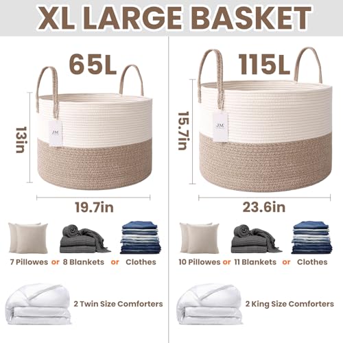 JMvicyroam 115L Extra Large Blanket Basket for Living Room - Woven Cotton Rope Laundry Hamper with Reinforced Handles - Storage Bin for Pillows, Comforters & Toys - Machine Washable,White&Brown - color: White&Brown, size: 115L