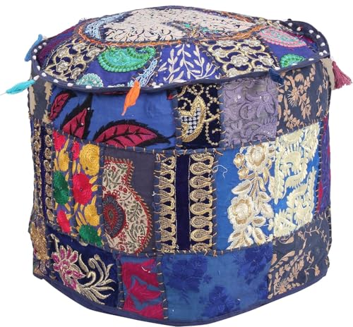 Indian Pouf Footstool Ethnic Embroidered Pouf Cover, India Cotton Round Pouffe Ottoman Pouf Cover Pillow Ethnic Decor Art-Cover Only-Indian Ottoman poufs - color: Blue, size: 18"D x 18"W x 14"H