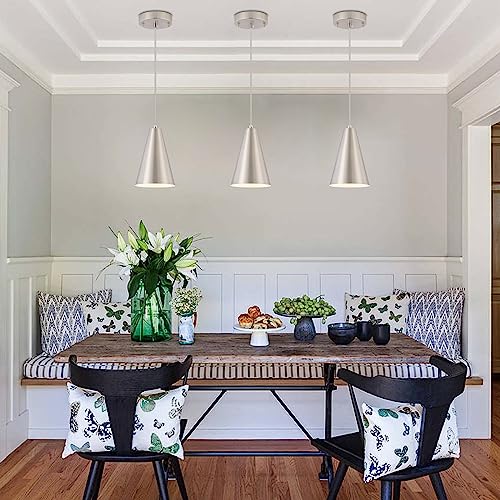 Brushed Nickel Pendant Lights Kitchen Island,Dining Room Light Fixtures Over Table 3 Pack with Silver Cone Metal Shade, Modern Farmhouse Small Chandeliers,Adjustable Cord Hanging Lighting for Sink - color: 3Pack Brushed Nickel