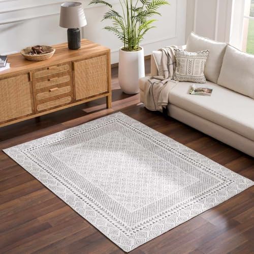 Hauteloom Burdette Machine Washable Boho Vintage Bordered Area Rug - Farmhouse Traditional Trellis Carpet for Living Room, Bedroom - Transitional - Gray, Cream, Charcoal - 5'3" x 7'3" (5x7) - color: Light Beige, Charcoal / Burdette Washable, size: 5'3" x