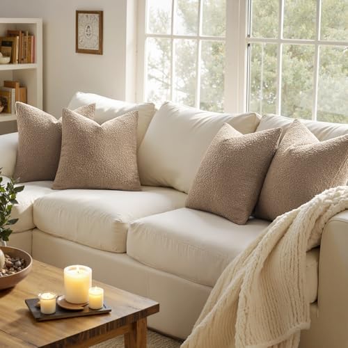 MIULEE Pack of 4 Decorative Textured Boucle Throw Pillow Covers 18x18 Inch Camel Accent Solid Pillow Cases Soft Couch Cushion Covers for Modern Farmhouse Boho Chair Sofa Bed Livingroom Home Decor - color: Camel, size: 18" x 18" (Pack of 4)