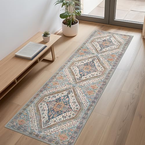Bavni Kitchen Rug 2x5 Runner Rugs for Hallways Entryway, Washable Vintage Print Carpet, Ultra-Thin Chenille Low Pile Lightweight Rug with Non Slip Backing, Blue/Orange - color: Blue/Orange, size: 2' x 5' (Rectangular)