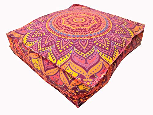 CRAFT KALA Mandala Floor Pillow Cushion Cover Seating Throw Cover Hippie Decorative Bohemian Ottoman Poufs Pom Pillow Cases Boho Indian Cotton Living Room Yoga Home Décor (24" Square New Orange Ombre) - color: New Orange Ombre, size: 24" x 24" (Pack of 1)