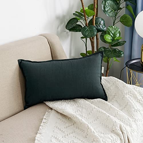 Jeanerlor Natural Cotton Linen Green Decorative 12"x20" Throw Pillow Case Cushion Cover with Twin Needles Stitch on Edge for Lumbar, (30 x 50cm), 2 Pcs, Dark Green - color: Dark Green, size: 20" x 12" (Pack of 2)