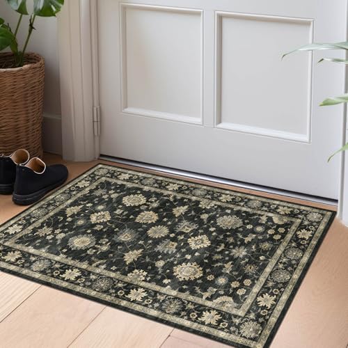 LUXRUG 2x3 Washable Entry Rug - Small Entryway Area Rug Non-Slip Door Mat Indoor Entrance Charcoal Black Vintage Floral Kitchen Rug Low Pile Boho Throw Rugs for Entryway Bedroom Bathroom - color: Charcoal Black, size: 2' x 3' (Rectangular)