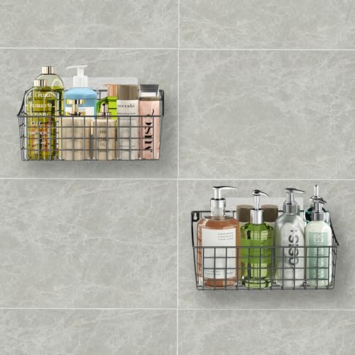 2 Pack Wall Hanging Baskets for Organizing, Large Metal Wire Basket with 5 Hooks+2 Strong Long Adhesive Hooks,Kitchen Hanging Mesh Organizer, Wall Mounted Bin for Kitchen, Bathroom, Bedroom,SUV,Garage - size: 13"L x 6.3"W x 6.02"H-2Pack