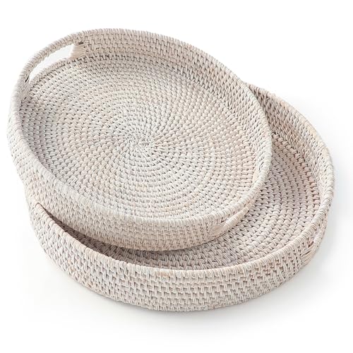 HITOMEN Hand-Woven Round Rattan Serving Tray Decorative Ottoman Wicker Platter with Handles for Coffee Table, Breakfast, Drinks, Snack, Bread, Fruit, Vegetables (Whitewash Set of 2: M+L) - color: Whitewash, size: Medium (11.8 inches)/Large (14.2 inches)