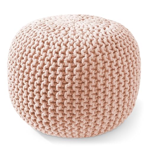 Casafield Round Pouf Ottoman, Light Pink - 20" Diameter x 14.5" High Cotton Knit Foot Stool - Boho Floor Pouffe for Living Room, Bedroom, Home Office - color: Light Pink, size: 20"D x 20"W x 14.5"H