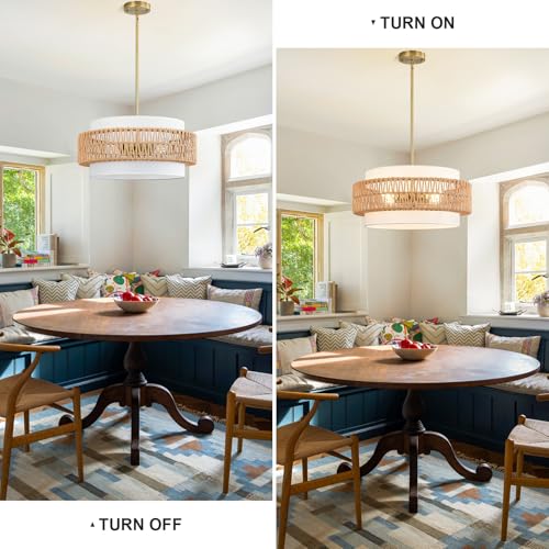 19.7" Boho Rattan Chandelier, 4-Light Large Rattan Pendant Light with Fabric Shade, Boho Drum Ceiling Hanging Light Fixture for Dining Room, Living Room, Kitchen Island, Hallway, Foyer - size: 19.7" V-shaped weaving