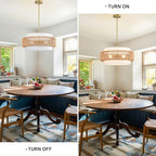 19.7" Boho Rattan Chandelier, 4-Light Large Rattan Pendant Light with Fabric Shade, Boho Drum Ceiling Hanging Light Fixture for Dining Room, Living Room, Kitchen Island, Hallway, Foyer - size: 19.7" V-shaped weaving