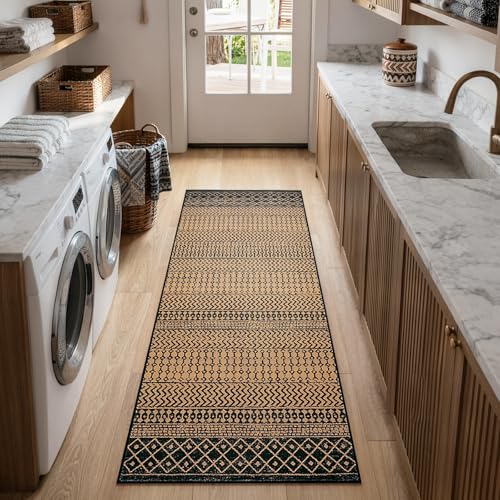 Moroccan Kitchen Runner Rug, 2x6 Ultra Soft Rugs Runners for Hallways Non Slip, Washable Bathroom Runner Rugs Vintage Rug for Kitchen Entryway Laundry Bedroom - color: Natural/Brown, size: 2' x 6' (Runner)