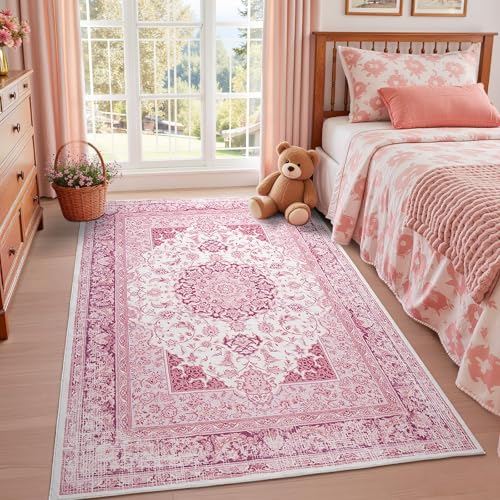 Macgace Bright Pink Area Rug for Girls Bedroom, 4x6 Machine Washable Rugs with Non-Slip Backing for Living Room, Cute Vintage Carpet for Kitchen Laundry Kids Room - color: Pink & White, size: 4' x 6' (Rectangular)