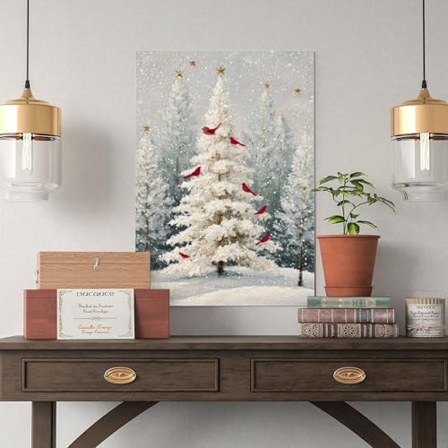 JDBeehpy Snowy Christmas Tree Wall Art Red Birds Frame Canvas Print Poster Peaceful Winter Home Decor Painting Livingroom Fireplace Mural 12x18inch(30x45cm) - color: Christmas Tree Frame, size: 18L" x 12W"