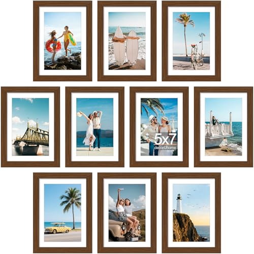decorUhome 5x7 Picture Frame Set of 10, Display Photos 4x6 with Mat or 5x7 Unmatted for Picture Frames Collage Wall Decor, Brown - color: Brown, size: 5x7