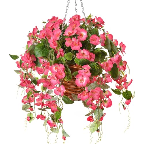 Artificial Fake Hanging Hibiscus Flowers Plants Baskets for Outdoor Decoration, Faux Silk Hibiscus Long Vines in Planter UV Resistant Realistic Flowers for Outside Porch Patio Home Decor, Pink - color: Pink
