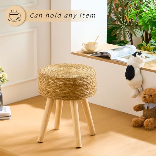 Handwoven Outdoor Ottoman, Water Hyacinth Pouf Round Patio Footstool with Wood Legs, 17-Inch Multipurpose Vanity Stool, Dining Chair, Patio Footrest for Balcony and Garden, Natural - color: Natural, size: 13"D x 13"W x 16.9"H