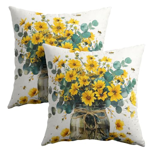 Summer Yellow Floral Pillow Covers 16x16 Inches Eucalyptus Flowers Decor Vase Bee Farmhouse Throw Pillow Case Set of 2 Pillow Cover Cotton Linen Cushion Cover for Home Couch Sofa Bedroom Livingroom - color: Eucalyptus Flowers240413, size: 16" x 16" (Pack