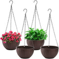 Foraineam 4 Pack 8.2 inch Self-Watering Hanging Planters, Garden Flower Plant Pot Container, Hanging Basket Planter with Drainer and Chain for Indoor Outdoor Use, Coffee Brown