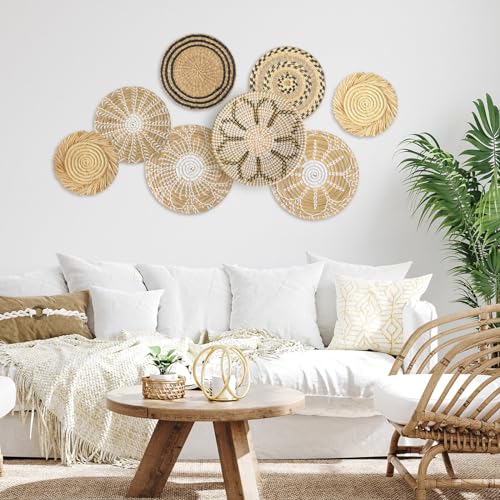 Xuhal 8 Pcs Boho Wall Basket Decor Decorative Bulrush Woven Basket Wall Decor Rustic Farmhouse Hanging Baskets for Kitchen Rustic Home Summer Decorations - style: Groovy