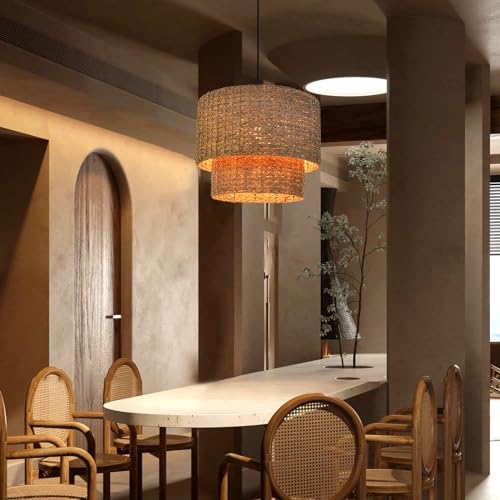 Arturesthome 1 Light Rustic Woven Pendant Light, Coastal Rattan Lampshade Hanging Lighting Fixture,Adjustable Vintage Farmhouse Chandelier Lamp Shade for Kitchen Island Dining Table Room - size: 19.68in * 15.7in