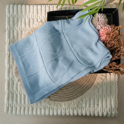 Baby Knit Cotton Blanket Baby Blue Heart Pattern Soft Breathable Throw for Crib Or Stroller Nursery Gift Baby Shower Birthday Christmas Size 30x30 - color: Baby Blue, size: 30"x30"