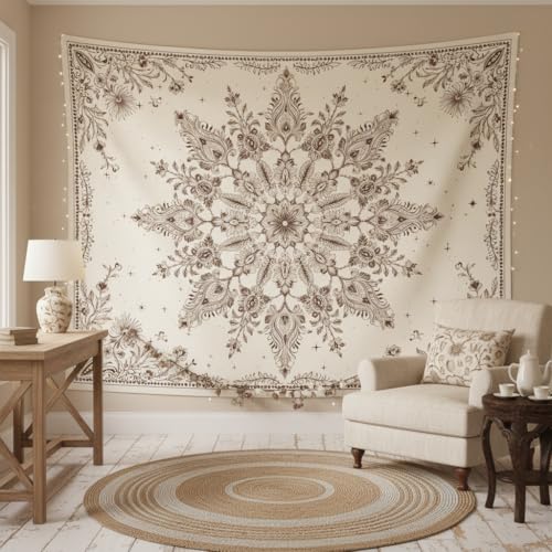 Accnicc Boho Floral Mandala Tapestry Wall Hanging Bohemian Beige Flower Tapestry Aesthetic Hippie Indian Large Tapestries for Bedroom Living Room Dorm Decor 80 x 60 Inch - color: Beige White, size: 80"L x 60"W