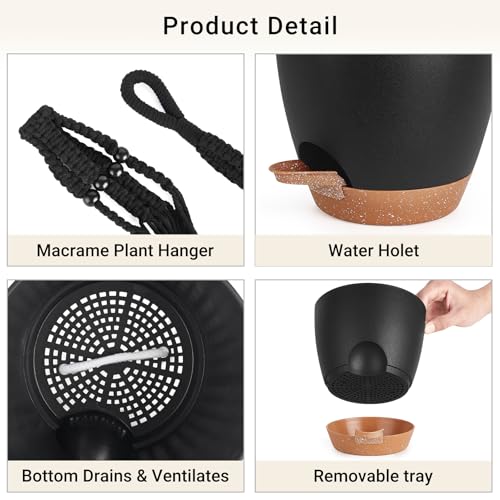 Mkono Hanging Planters, Macrame Plant Hangers with Self Watering Plant Pots Indoor Set of 3 Hanging Baskets Flower Pot Holders with Hooks No Tassels 3 Different Size for Boho Home Decor - color: Black