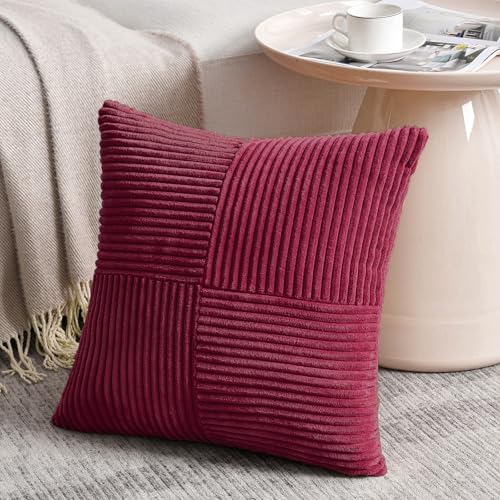 Fancy Homi 2 Packs Burgundy Samll Decorative Throw Pillow Covers 12x12 Inch with for Living Room Couch Bed, Rustic Farmhouse Boho Home Decor, Soft Corss Patchwork Corduroy Square Cushion Case 30x30 cm - color: Burgundy, size: 12" x 12" (Pack of 2)