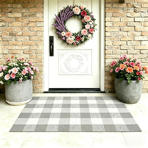 MUBIN Cotton Buffalo Plaid Rug, 27.5x43 Gray White Outdoor Rug Front Door Decorative Mat, Washable Doormat Hand-Woven Foldable Area Rug Layered Door Mats Rug for Front Porch, Entryway, Patio - color: Gray White Plaid, size: 2'3" x 3'7" (Rectangular)