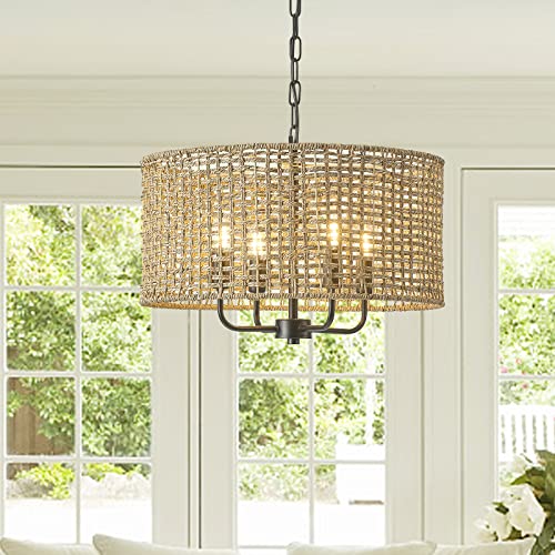 Rattan Wicker Drum Chandeliers for Dining Room, 4-Light Bohemian Hand-Woven Farmhouse Drum Pendant Chandelier Light Fixture for Entryway Living Room Kitchen Stairway Bedroom Hallway - color: Black 4-Light Drum