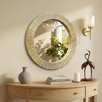 WAMIRRO Gold Round Wood Wall Mount Mirror, 24 Inch Hand Carved Solid Wood Frame Circle Mirror, Farmhouse Boho Decor for Living Room, Bathroom, Bedroom, Hallway & Entryway - size: 24"L x 24"W