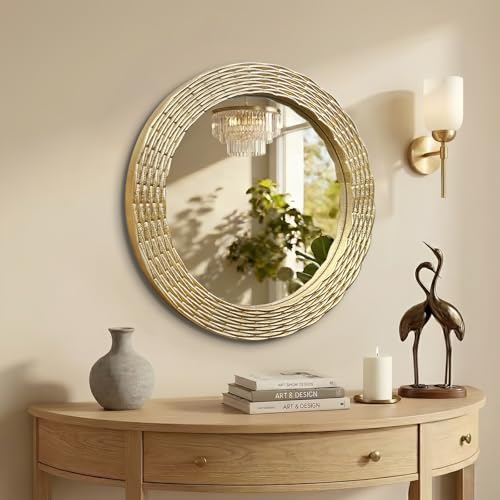 WAMIRRO Gold Round Wood Wall Mount Mirror, 24 Inch Hand Carved Solid Wood Frame Circle Mirror, Farmhouse Boho Decor for Living Room, Bathroom, Bedroom, Hallway & Entryway - size: 24"L x 24"W