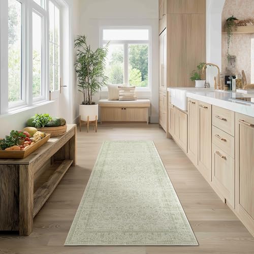 Sage Green 2x6 Runner Rug for Hallway Bathroom Washable Non Slip Vintage Boho Floral Long Runners Rugs for Entryway Indoor Bath Floor Kitchen Light Green Low Pile 2x6 Laundry Room Rug Runner - color: Sage Green, size: 2' x 6' (Rectangular)