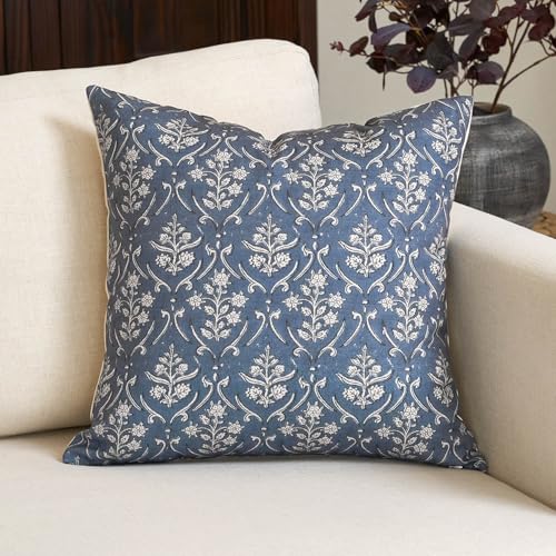 Amor Virisso Floral Pillow Covers 18x18 Inch Farmhouse Block Print Pillow Cover Accent Square Neutral Modern Decorative Throw Pillow Covers for Living Room Couch Bed Sofa Chair, Dusty Blue - color: Dusty Blue, size: 18" x 18" (Pack of 1)