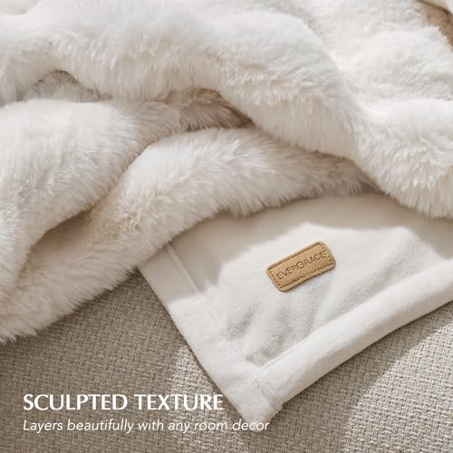 EverGrace Ultra Soft Luxury Fluffy Faux Rabbit Fur Throw Blanket, Thick Warm Bubble Throw for Bed, Cozy Plush Reversible Blankets for Couch, Chair, Sofa, Ivory White, 60x80 Inches - color: Ivory White, size: 60"x80"