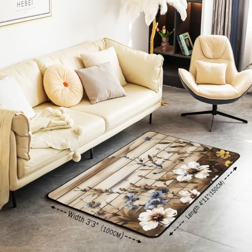 Erosebridal Rustic Flowers Area Rug 4'11" x 3'3" Vintage Floral Living Room Rugs Wooden Board Decorative Carpet Farmhouse Indoor Floor Mat - color: Beige Brown, size: 3'3" x 4'11" (Rectangular)