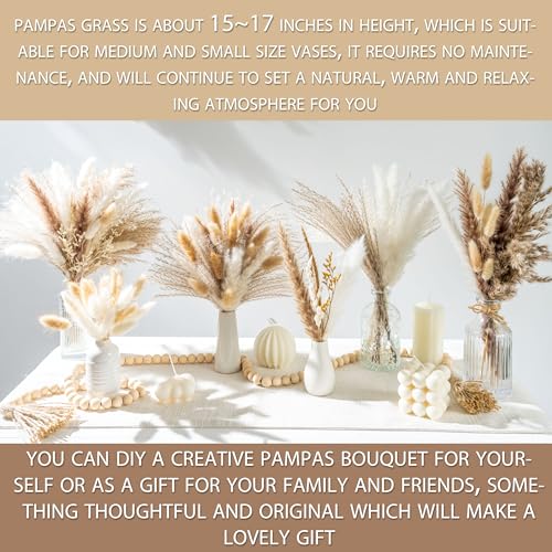 150pcs Pampas Grass + 1 White Ceramic vase + 1 Wood Bead Garland , Boho Home Decor Bouquet Phragmites Dried Flowers Bouquet for Wedding Floral Arrangements Home Decorations - size: 150 Pcs