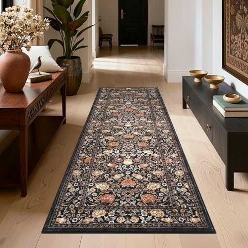 GarveeHome Brown Vintage Floral Small Rug 2x3 Door Mat Indoor Rugs for Entryway Washable Non-Slip TPE Backing Soft Low-Pile Rugs for Bathroom Bedroom Kitchen Entrance - color: A Brown / Black, size: 2' x 3' (Rectangular)