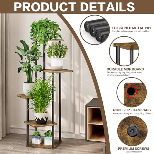5 Tier Wood Tall Plant Stand Metal Rack Indoor, Multiple Flower Pot Holder Shelves Corner Rack, Planter Shelf Display Rack Storage Organizer for Patio Living Room Balcony Garden(Black) - color: Black, size: 5 Tier