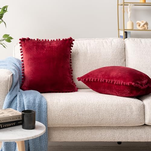 PAVILIA Burgundy Red Throw Pillow Covers with Pom Pom 18x18 Set of 2, Decorative Pillow Cases for Bedroom Aesthetic, Small Throw Pillows Set for Bed, Velvet Euro Plush Cushion Covers for Sofa Couch - color: Wine Red, size: 18" x 18" (Pack of 2)