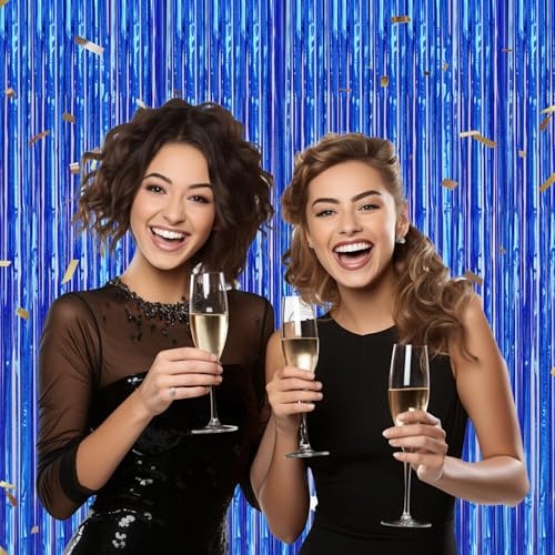 DECOCKRAT 3 Pack Foil Fringe Backdrop - Laser Royal Blue Shiny Tinsel Curtains for Party Decoration/Photo Booth Props - 3.3x8.2 FT Metallic Foil Backdrop for Birthday, Wedding, Graduation, Christmas - color: Laser Royal Blue