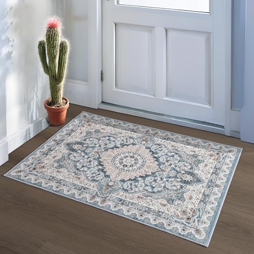 Foxmas Small Rugs for Entryway 2x3 Feet, Non-Slip Doormat Indoor Entrance Vintage Washable Area Rug, Low Pile Throw Rugs for Entryway Bedroom Kitchen Living Room, Blue - color: Blue, size: 2' X 3' (Rectangular)