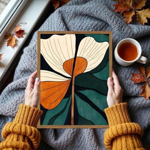 Mid Century Modern Flower Wall Art Vintage Abstract Botanical Wall Decor Painting Set of 2 Mid Century Boho Dark Floral Poster Canvas Print Pictures for Living Room Bedroom 12x16 inch Wood Framed - color: Floral B, size: 16"L x 12"W