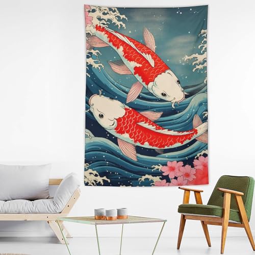 QEOPGNE Large Wall Tapestry Koi Fish Japanese Great Waves Cherry Blossom Retro Flags Tapestry for Room Living Room Wall Decor Large Wall Art Tapestries 60"x90" - color: Style, size: 90L" x 60W"