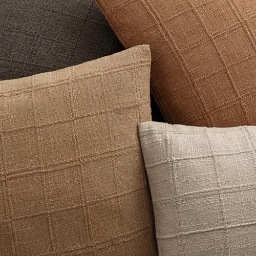 Foindtower Set of 1 Decorative Linen Check Throw Pillow Cover Neutral Farmhouse Vintage Cushion Cover Modern Boho Home Decor for Sofa Chair Couch Bedroom Living Room,16×16 Inch,Brick - color: Brick, size: 16" x 16" (Pack of 1)