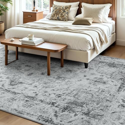 YOH Boho Washable Rug 4x6, Light Gray Vintage Non Slip Area Rug, Distressed Indoor Carpet for Living Room Bedroom Kitchen Office - color: Light Gray, size: 4' x 6' (Rectangular)